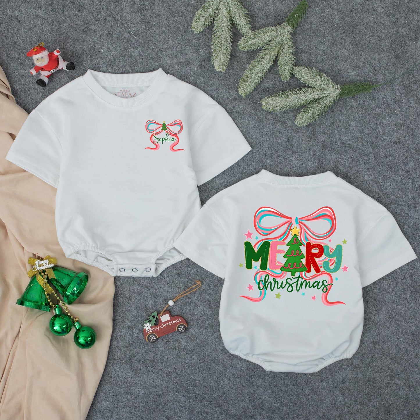 Personalized Baby Girl Christmas Bubble Romper, Festive Tree Outfit for First Christmas, Sophia's Gift, Merry Christmas Star Accents
