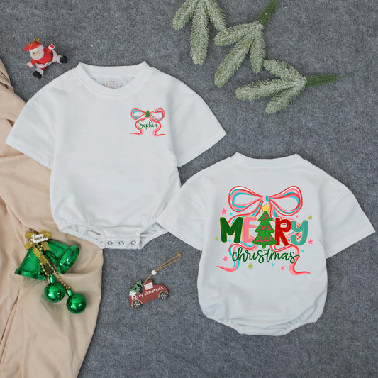 Personalized Baby Girl Christmas Bubble Romper, Festive Tree Outfit for First Christmas, Sophia's Gift, Merry Christmas Star Accents