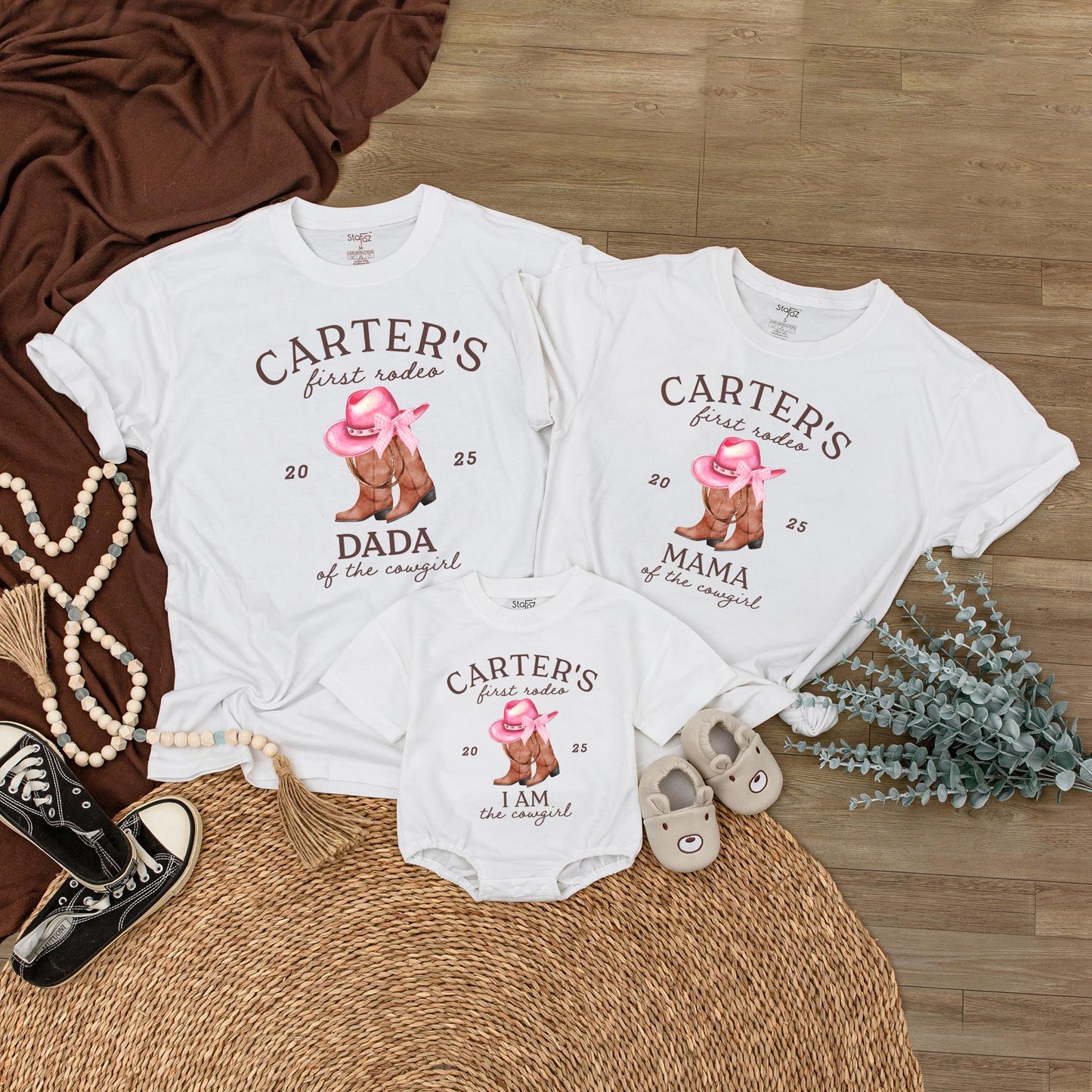 Custom First Rodeo Birthday Shirt Matching Family Outfit Baby Cowgirl Western Boots Pink Hat Party Celebration Gift