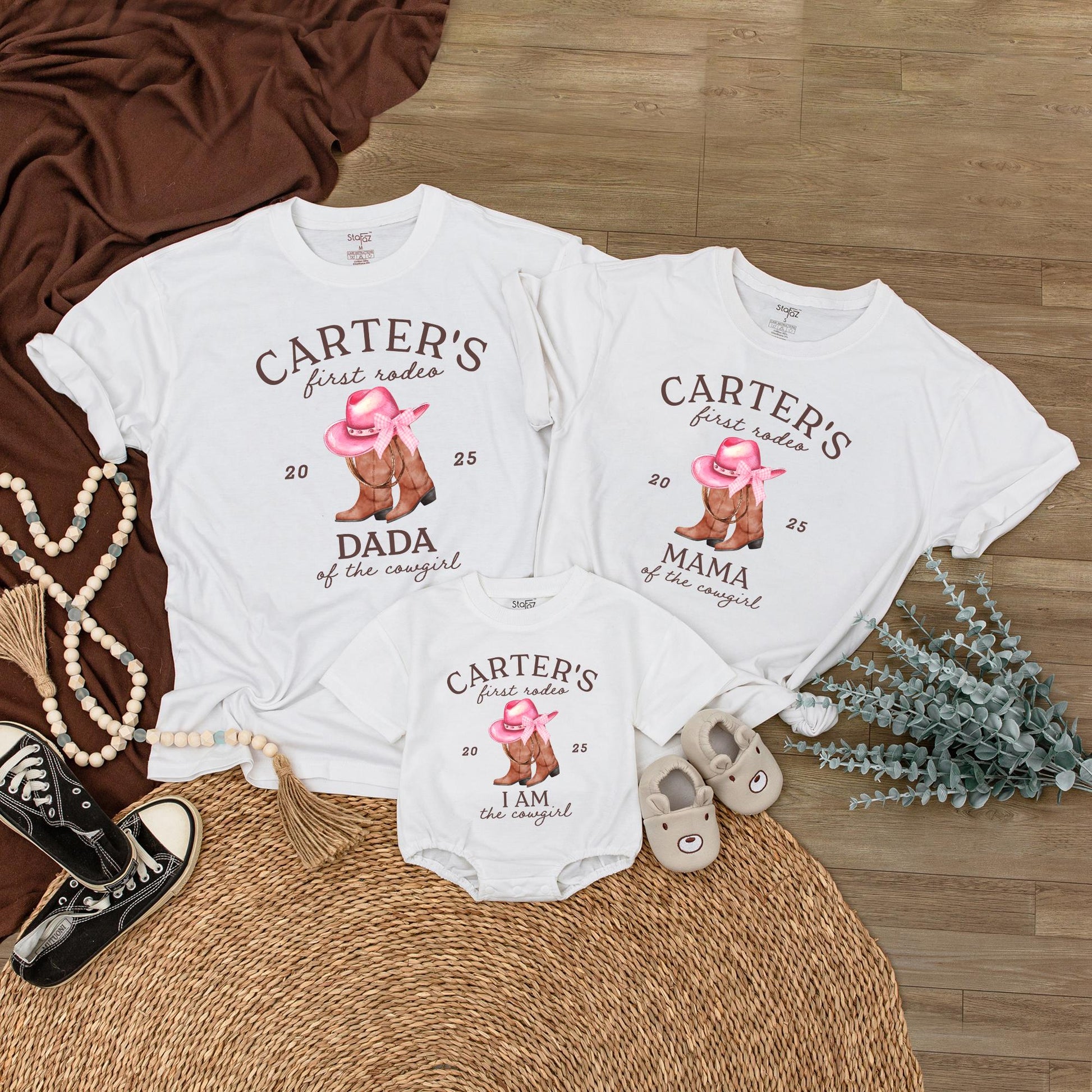 Custom First Rodeo Birthday Shirt Matching Family Outfit Baby Cowgirl Western Boots Pink Hat Party Celebration Gift