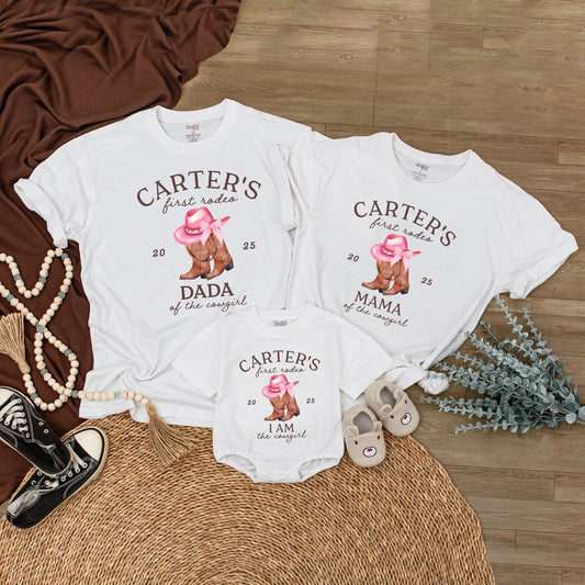 Custom First Rodeo Birthday Shirt Matching Family Outfit Baby Cowgirl Western Boots Pink Hat Party Celebration Gift
