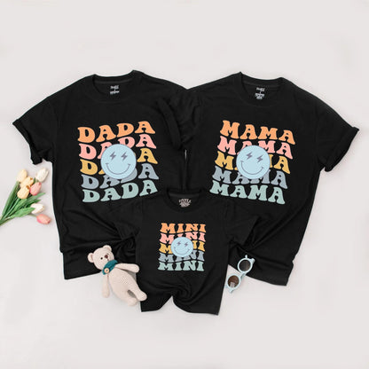Matching Family 1st Birthday Shirts Retro One Happy Dude Bolt Eyes Smiley Design Mama Dada Mini Baby Boy Girl Peach Pink Yellow