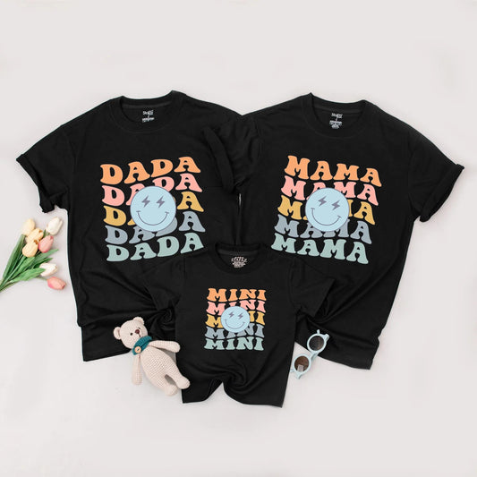 Matching Family 1st Birthday Shirts Retro One Happy Dude Bolt Eyes Smiley Design Mama Dada Mini Baby Boy Girl Peach Pink Yellow