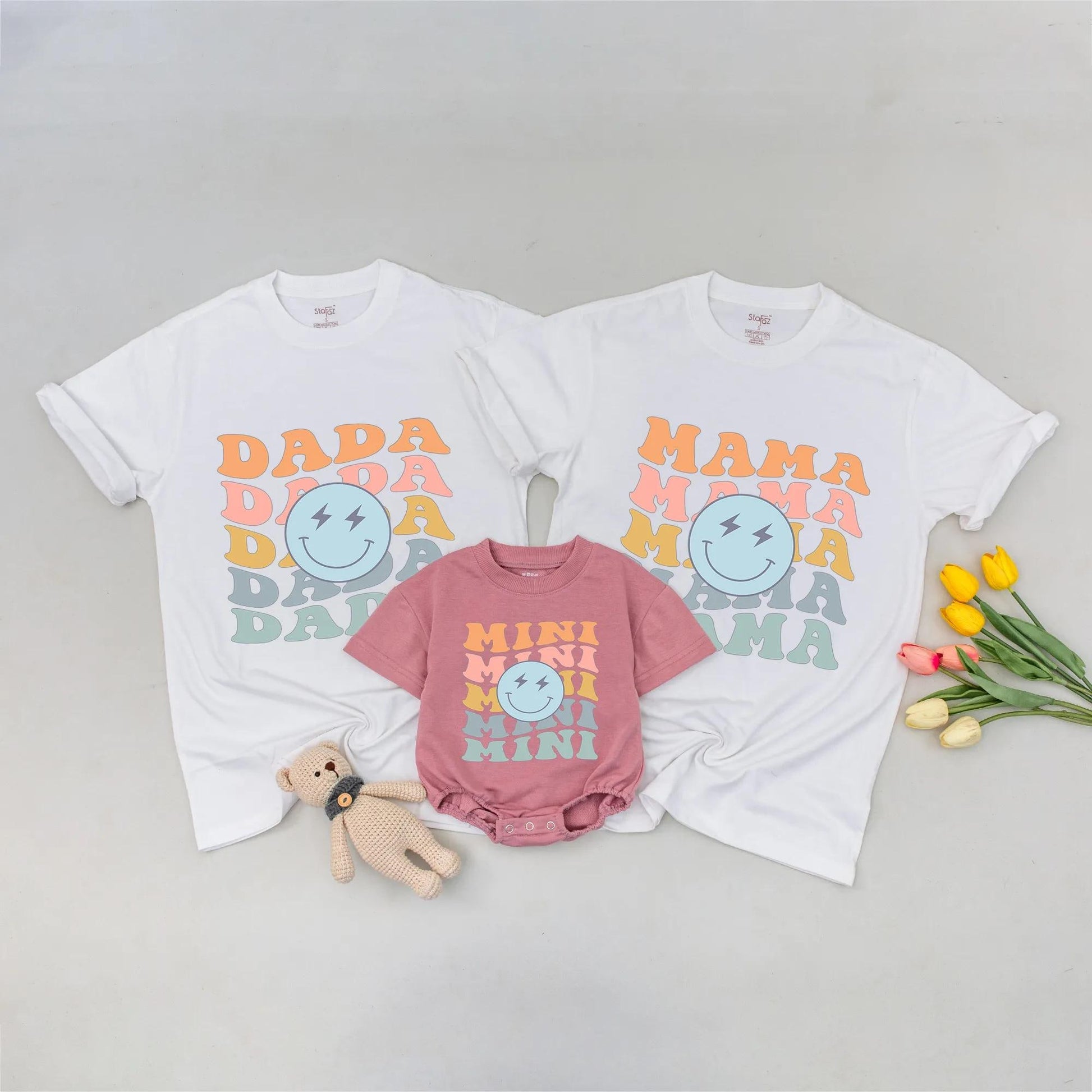Matching Family 1st Birthday Shirts Retro One Happy Dude Bolt Eyes Smiley Design Mama Dada Mini Baby Boy Girl Peach Pink Yellow