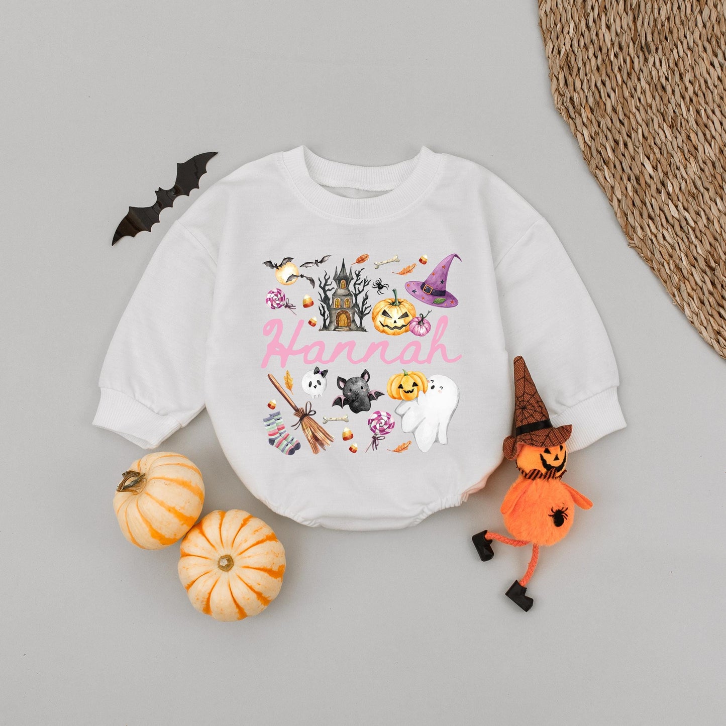 Personalized Name Girl Halloween Bubble Romper Pink Cute Whimsical Pumpkin Ghost Bat Haunted House Baby Toddler Autumn Outfit