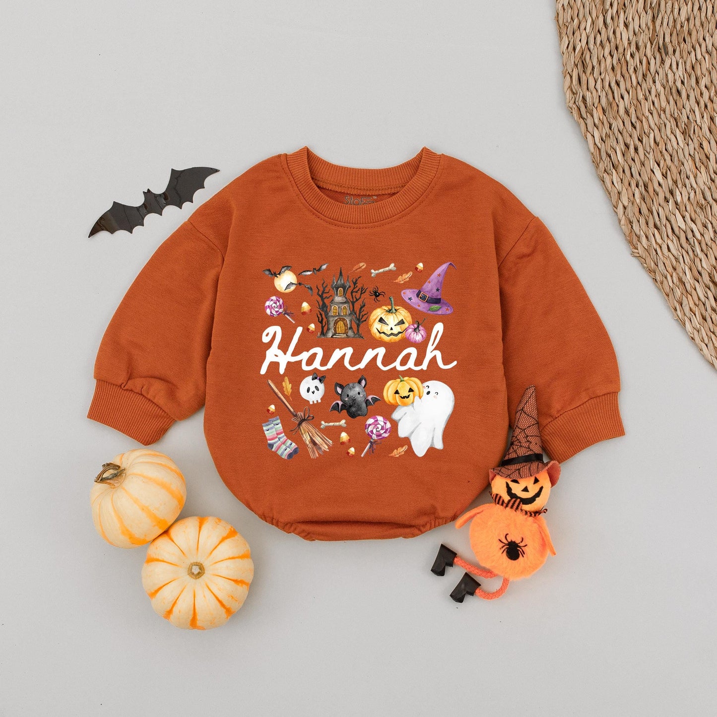 Personalized Name Girl Halloween Bubble Romper Pink Cute Whimsical Pumpkin Ghost Bat Haunted House Baby Toddler Autumn Outfit