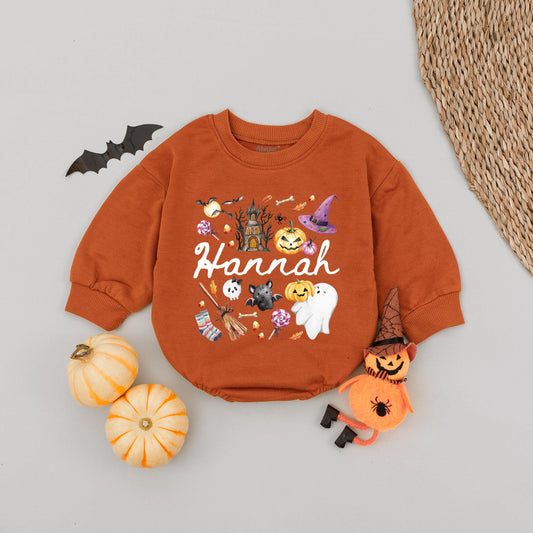 Personalized Name Girl Halloween Bubble Romper Pink Cute Whimsical Pumpkin Ghost Bat Haunted House Baby Toddler Autumn Outfit