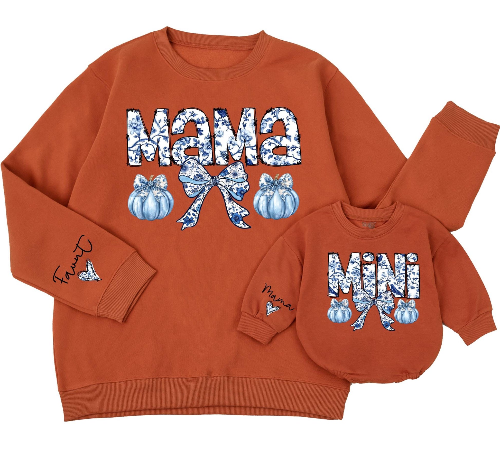 Mama Mini Matching Chinoiserie Floral Sweatshirts Blue White Pumpkin Bow Vintage Fall Mom Daughter Retro Halloween Thanksgiving Clothes