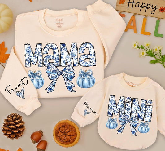 Mama Mini Matching Chinoiserie Floral Sweatshirts Blue White Pumpkin Bow Vintage Fall Mom Daughter Retro Halloween Thanksgiving Clothes