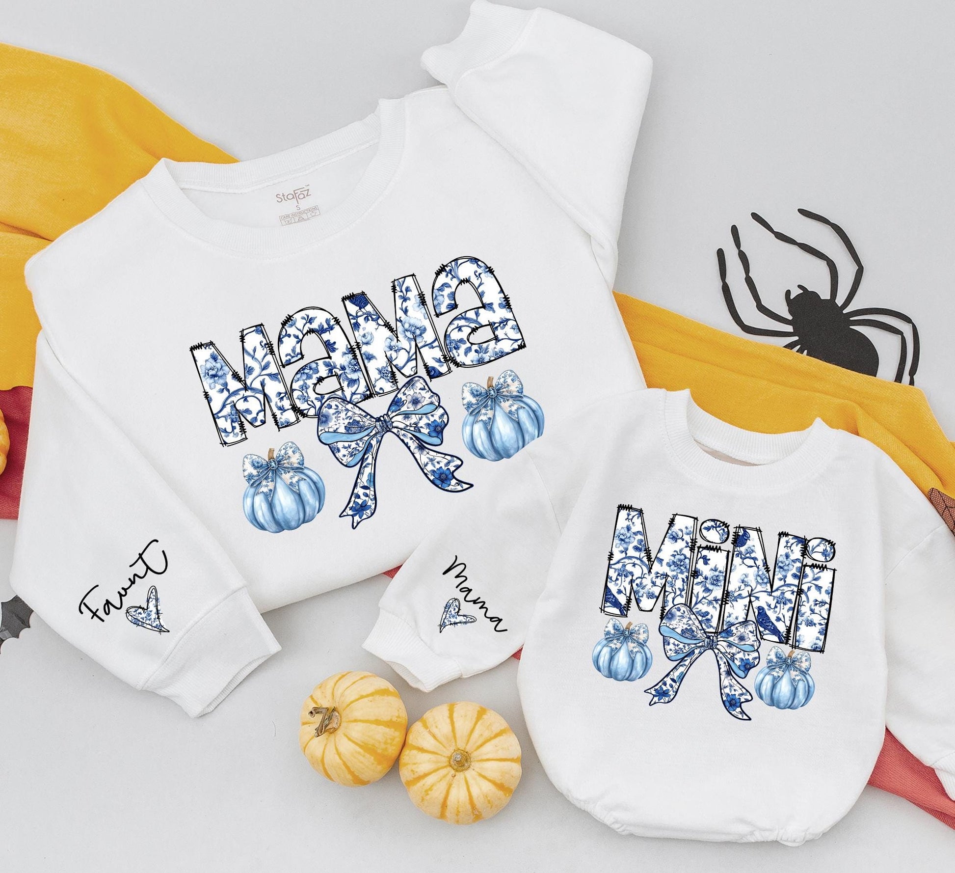 Mama Mini Matching Chinoiserie Floral Sweatshirts Blue White Pumpkin Bow Vintage Fall Mom Daughter Retro Halloween Thanksgiving Clothes