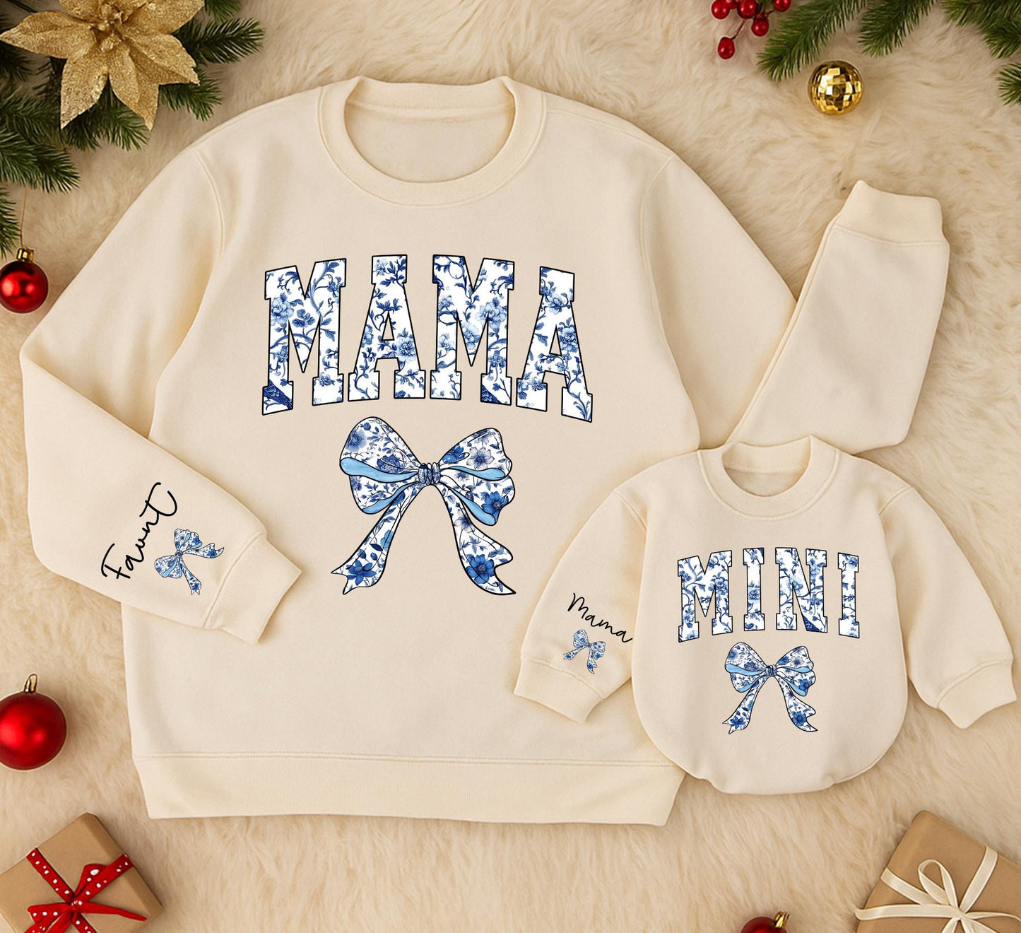Mama and Mini Matching Sweatshirts, Chinoiserie Floral Bows, Custom Name Sleeve, Mommy and Me Outfit, Blue Baby Romper, Retro Mom Clothes, Family Style (138 chars)