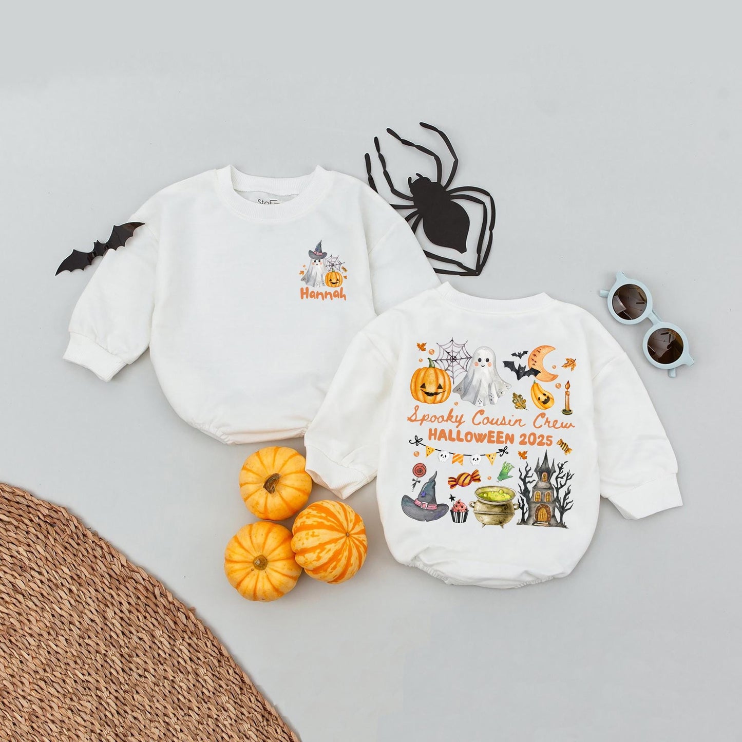 Spooky Cousin Crew Halloween Bubble Romper, Personalized Baby Romper for Kids, Cute Ghost & Pumpkin Design, Matching Cousins Outfit 2025