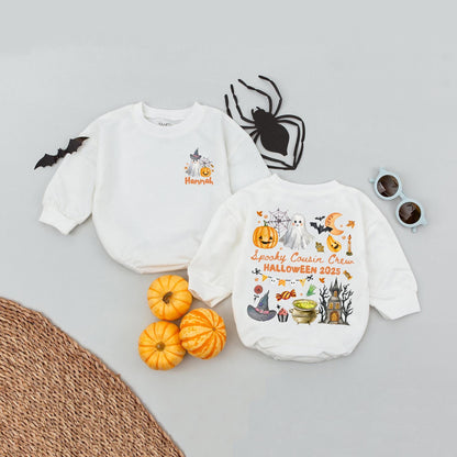 Spooky Cousin Crew Halloween Bubble Romper, Personalized Baby Romper for Kids, Cute Ghost & Pumpkin Design, Matching Cousins Outfit 2025