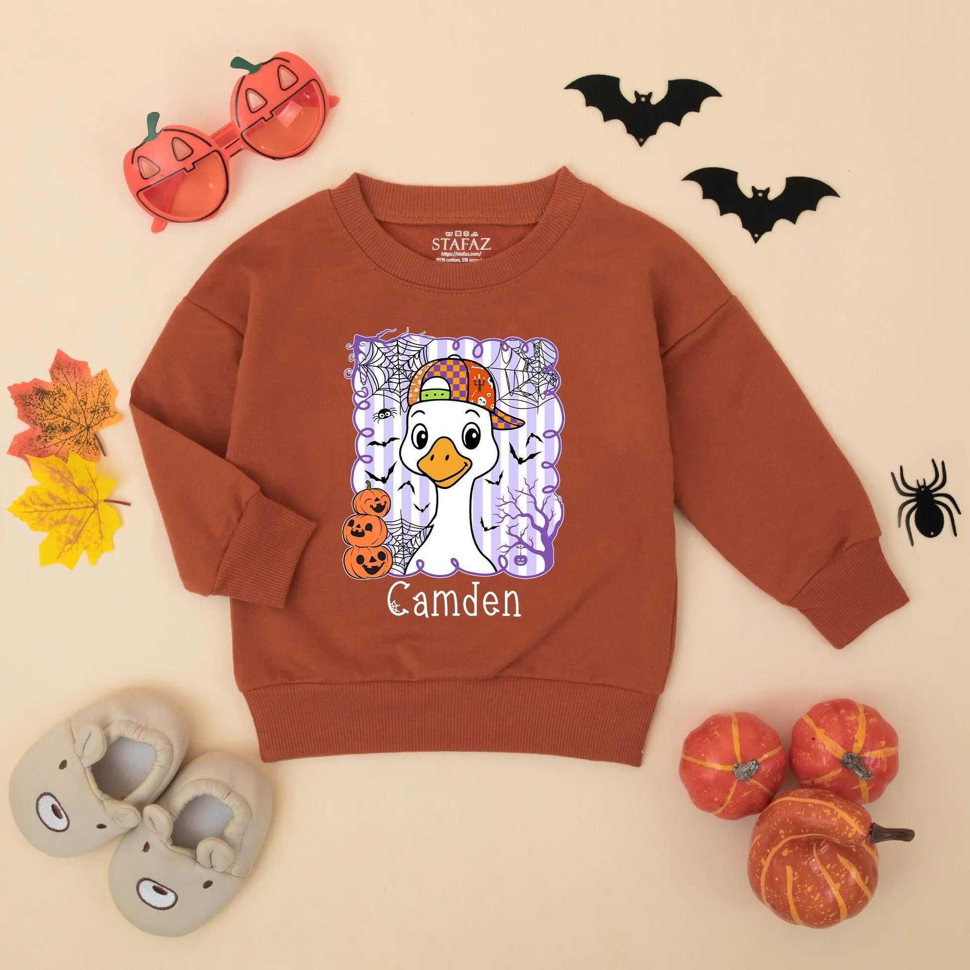 Personalized Halloween Goose Matching Sweatshirts for Siblings Cute Cartoon Pumpkin Spooky Sibling Outfit Custom Halloween Gift Idea
