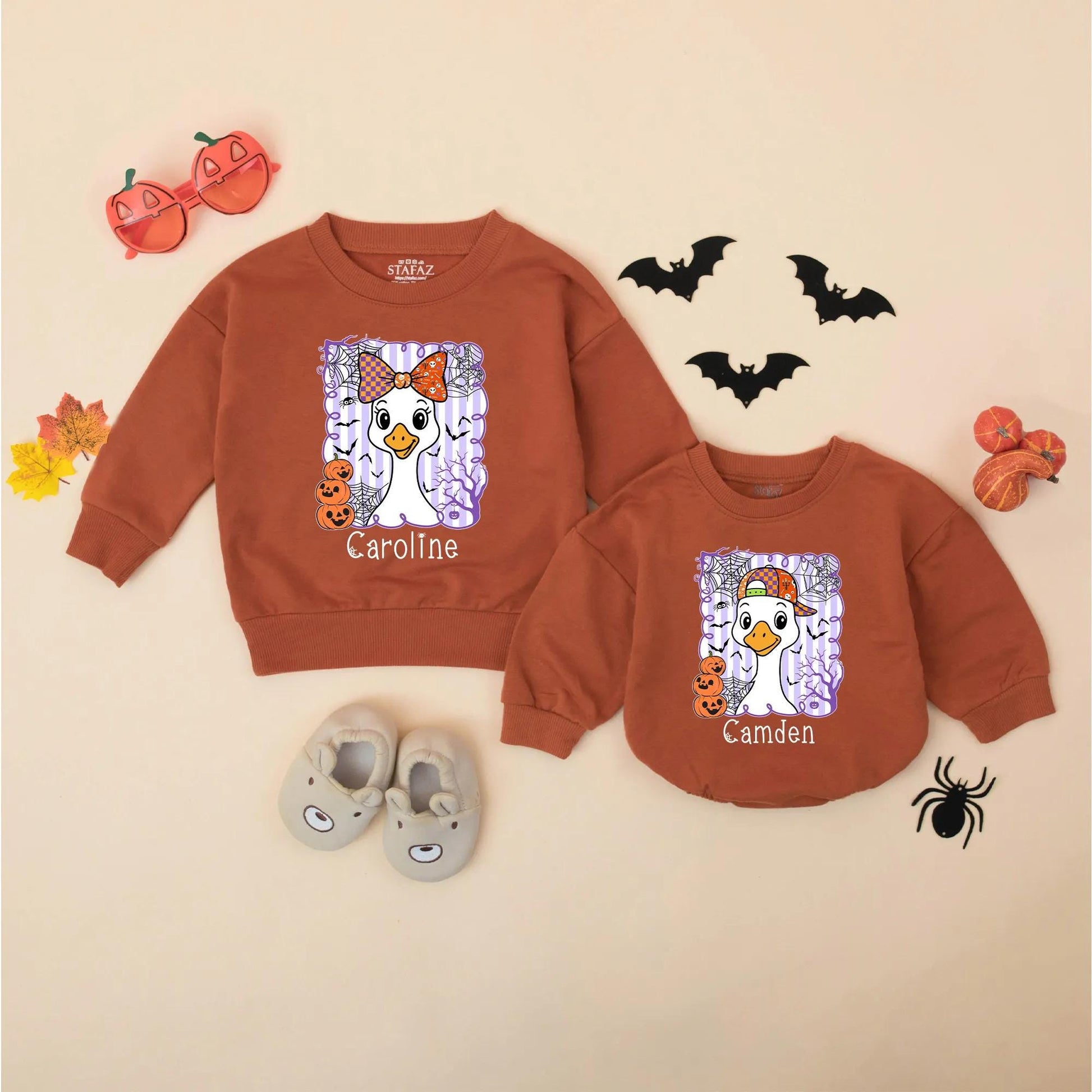 Personalized Halloween Goose Matching Sweatshirts for Siblings Cute Cartoon Pumpkin Spooky Sibling Outfit Custom Halloween Gift Idea