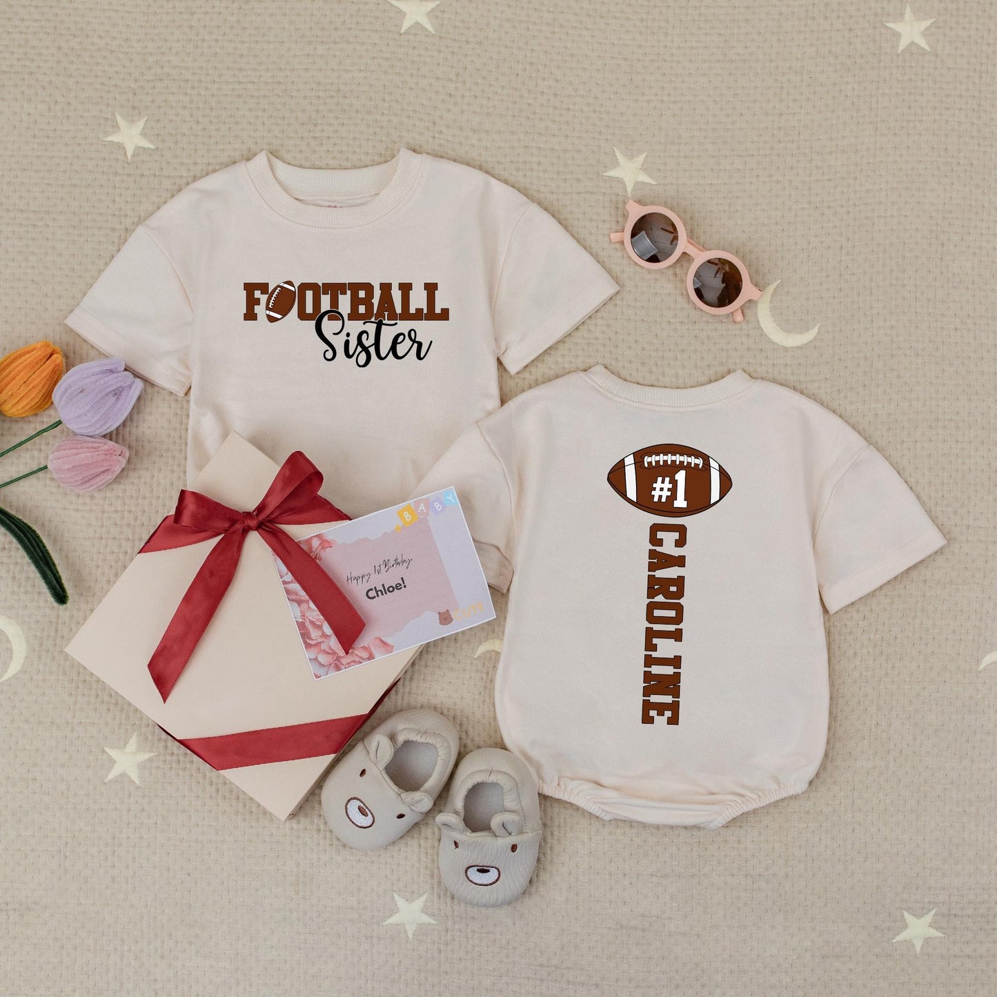 Caroline's #1 Fan Football Sister Baby Bodysuit: Custom Game Day Outfit for Lil' Sis, Cute Sporty Tee, Personalized Football Season Baby Gift Set