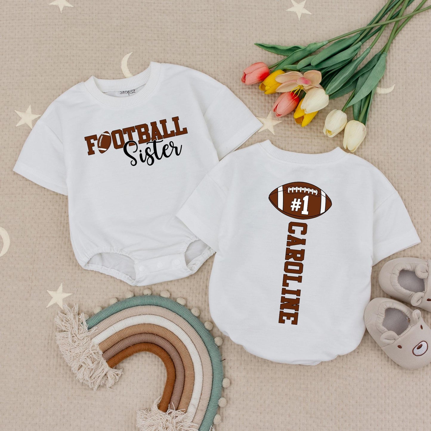 Caroline's #1 Fan Football Sister Baby Bodysuit: Custom Game Day Outfit for Lil' Sis, Cute Sporty Tee, Personalized Football Season Baby Gift Set