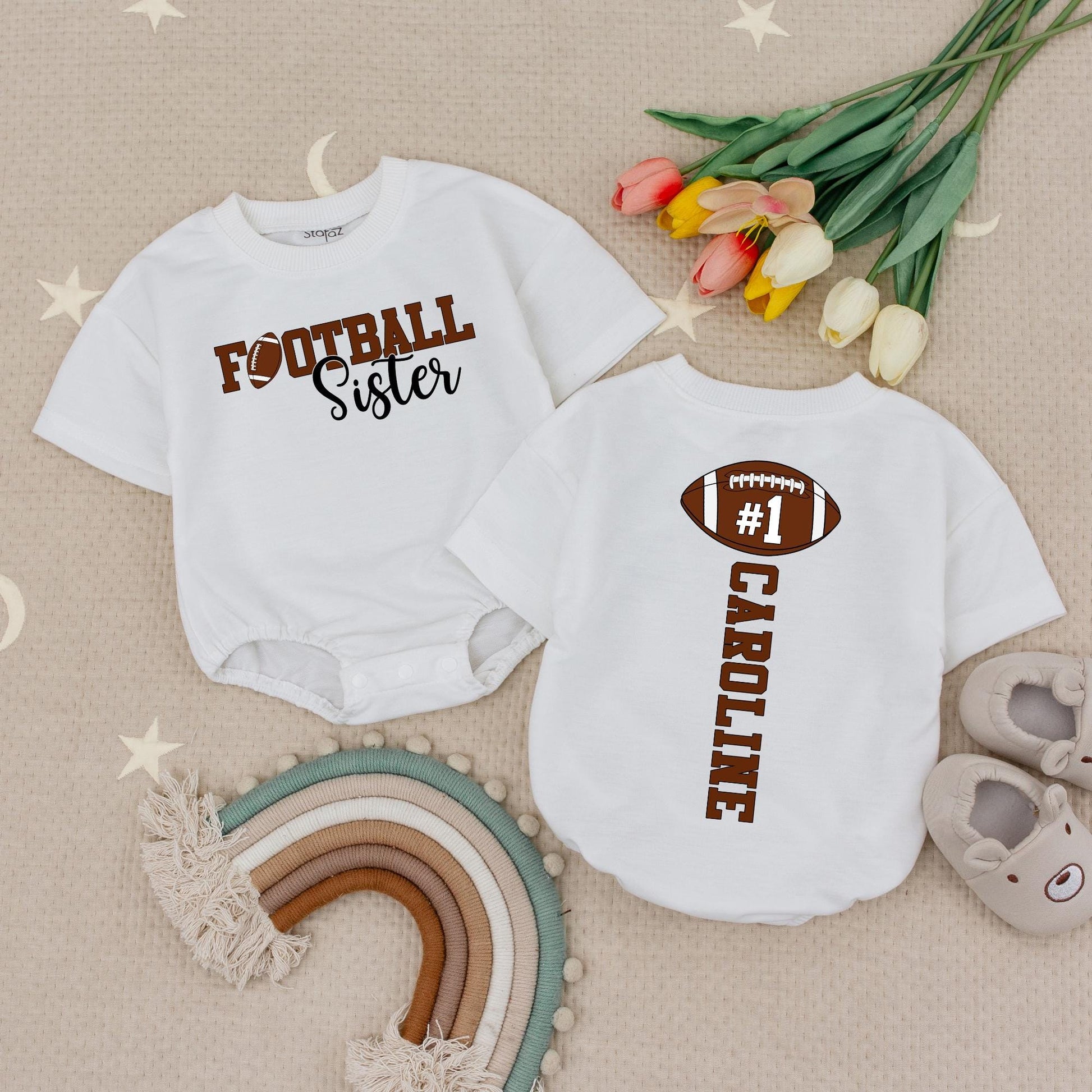 Caroline's #1 Fan Football Sister Baby Bodysuit: Custom Game Day Outfit for Lil' Sis, Cute Sporty Tee, Personalized Football Season Baby Gift Set