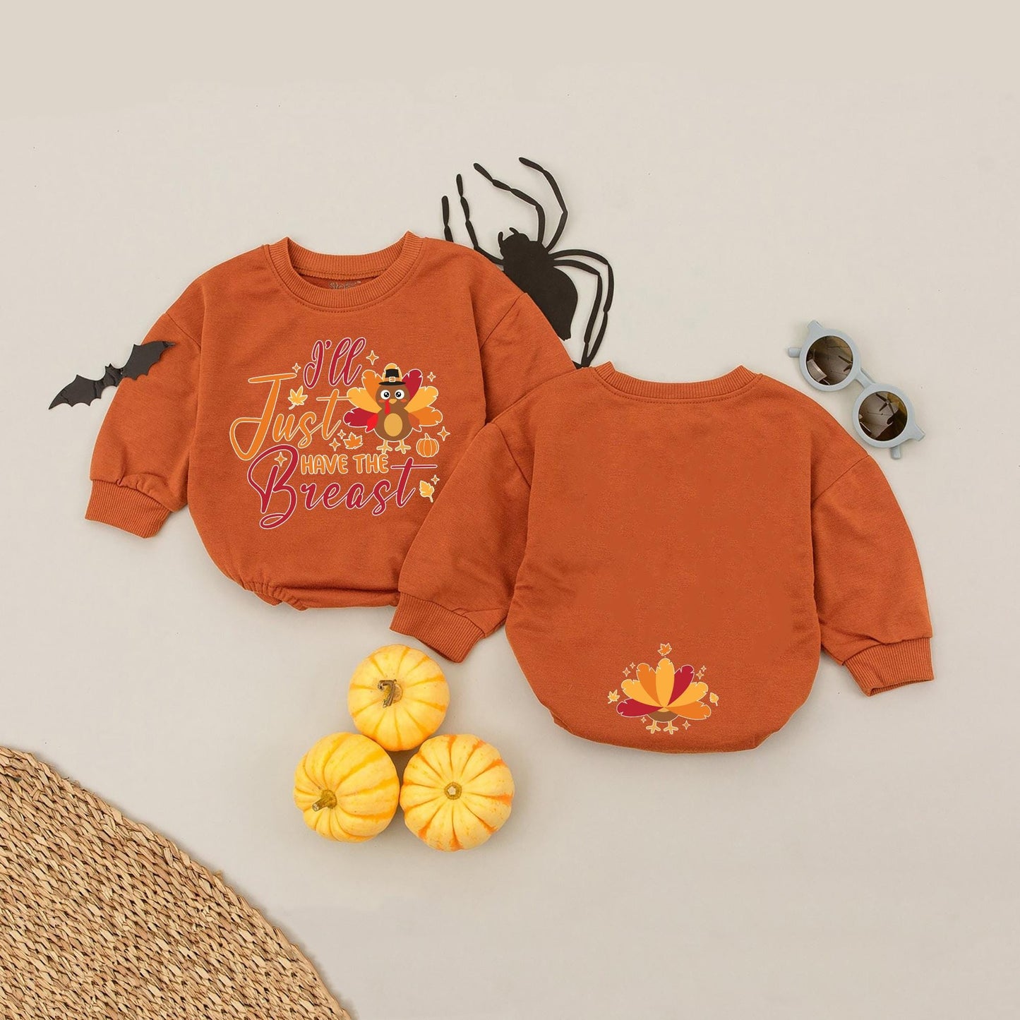 I'll Just Have The Breast Baby Romper: Funny Thanksgiving Outfit with Turkey Pilgrim Design, My First Thanksgiving Fall Infant Outfit, Cute Turkey Feather Back (139 chars)