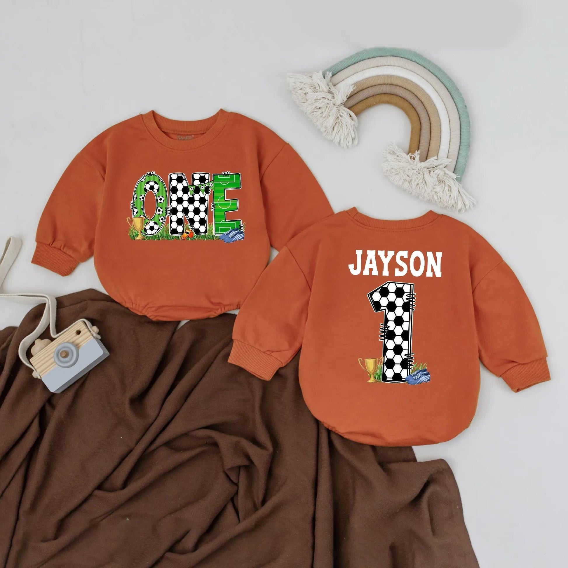 Personalized Soccer 1st Birthday Romper Jayson's Number One Outfit, Custom Name Baby Boy Football Bodysuit, Sports Party Clothes, Baby Shower Gift (137)
