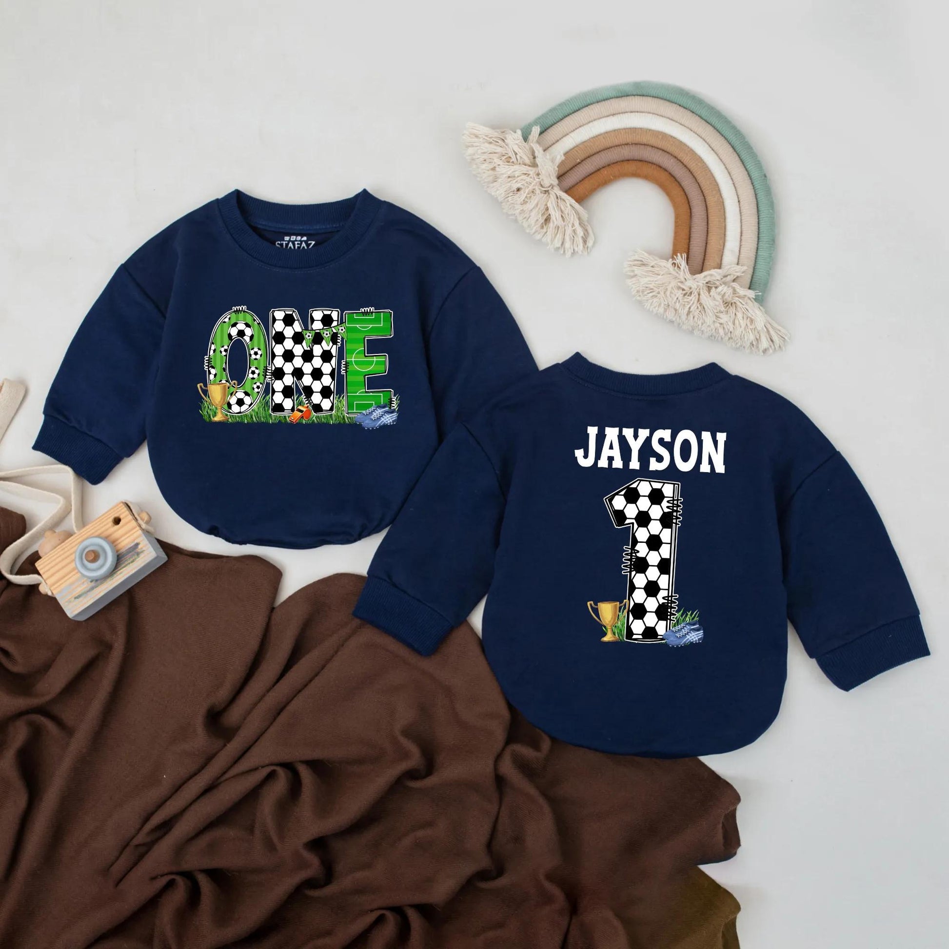Personalized Soccer 1st Birthday Romper Jayson's Number One Outfit, Custom Name Baby Boy Football Bodysuit, Sports Party Clothes, Baby Shower Gift (137)