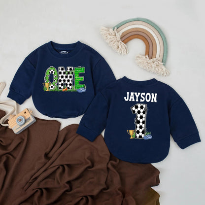 Personalized Soccer 1st Birthday Romper Jayson's Number One Outfit, Custom Name Baby Boy Football Bodysuit, Sports Party Clothes, Baby Shower Gift (137)