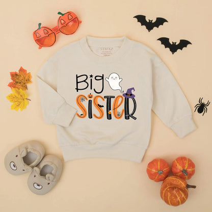 Halloween Big Brother Little Sister Matching Sweatshirts Romper Set Spooky Spider Pumpkin Bat Wizard Hat Sibling Outfit Cute Ghost Gift