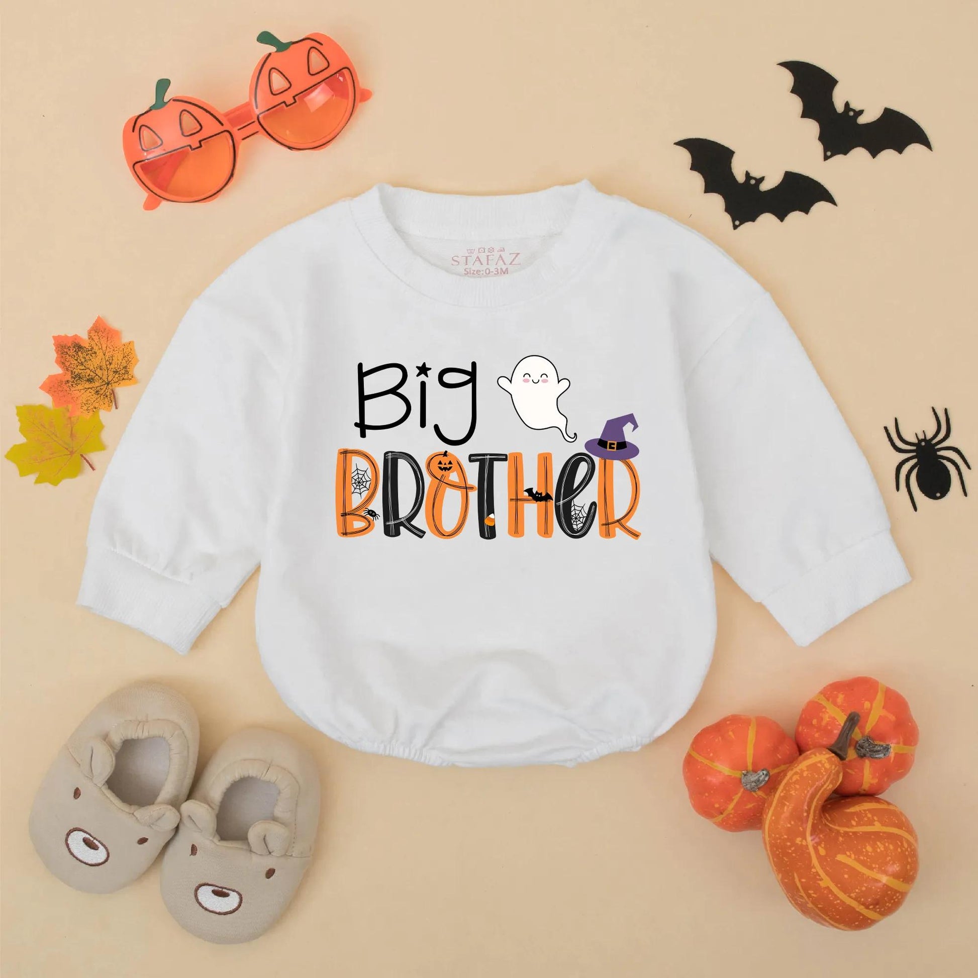 Halloween Big Brother Little Sister Matching Sweatshirts Romper Set Spooky Spider Pumpkin Bat Wizard Hat Sibling Outfit Cute Ghost Gift