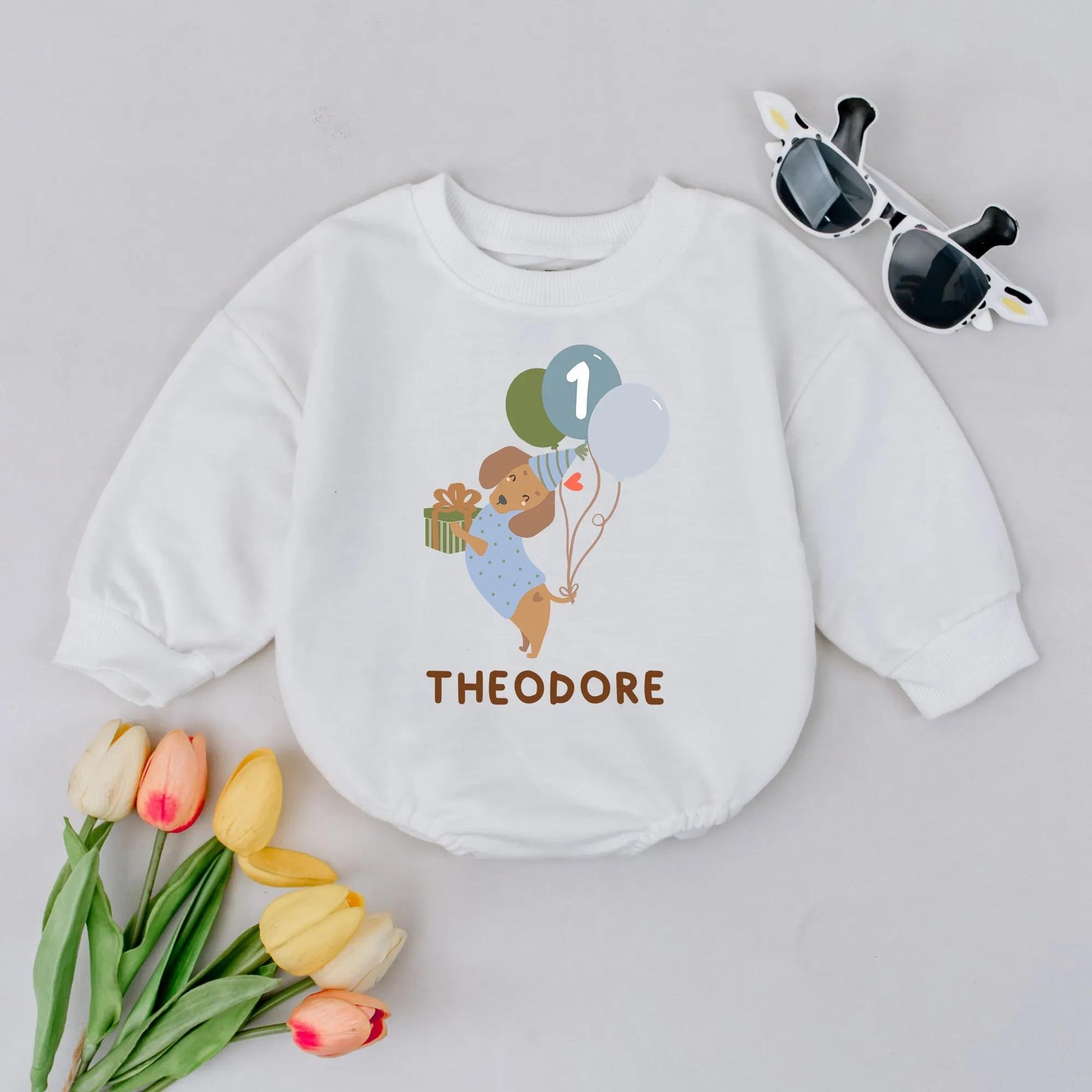 Custom Puppy Dog Birthday Romper Themed for a 1st Birthday with Pastel Balloons One Year Old Outfit for Baby Boys or Girls Personalized Gift