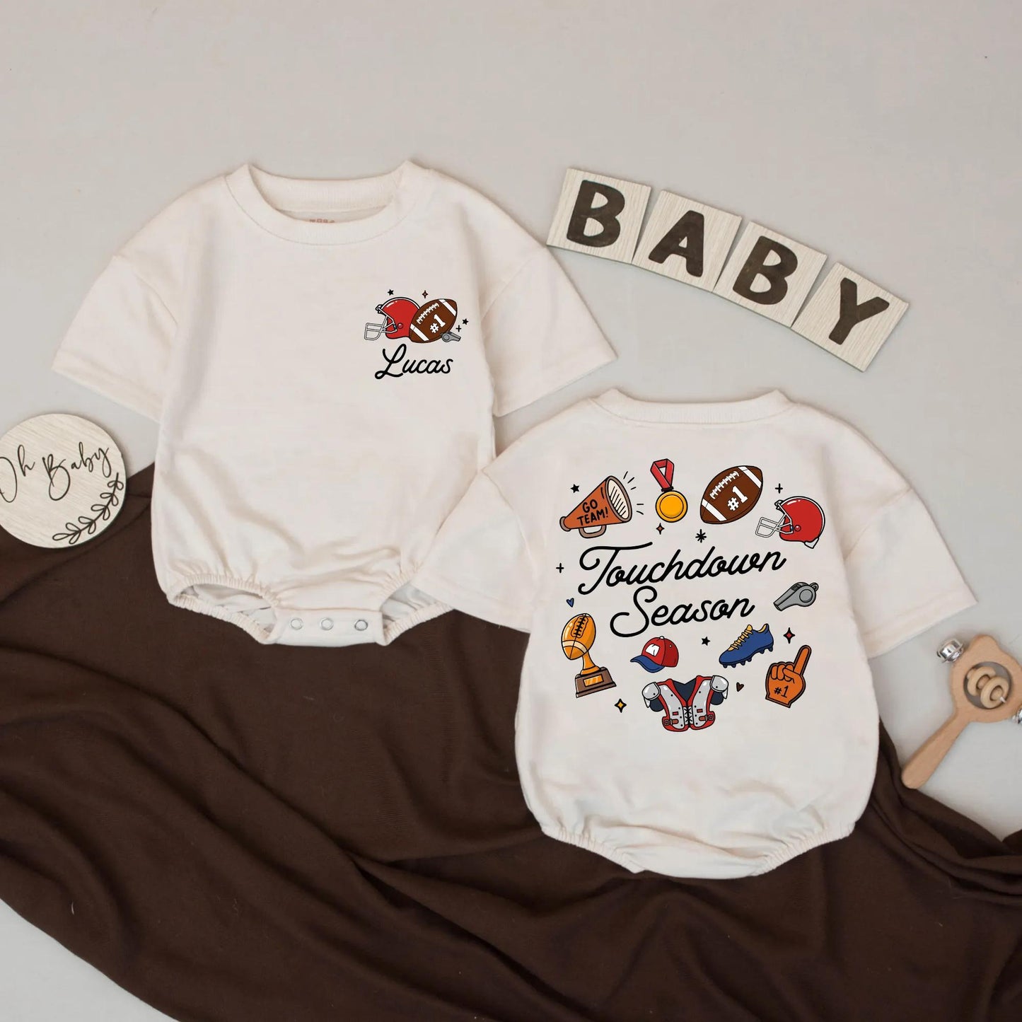 Personalized Lucas 1st Birthday Football Romper Touchdown Season Baby Boy Game Day Outfit Cartoon Helmet & Trophy Design Sport Celebration Clothes