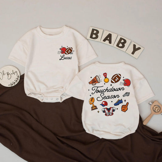 Personalized Lucas 1st Birthday Football Romper Touchdown Season Baby Boy Game Day Outfit Cartoon Helmet & Trophy Design Sport Celebration Clothes