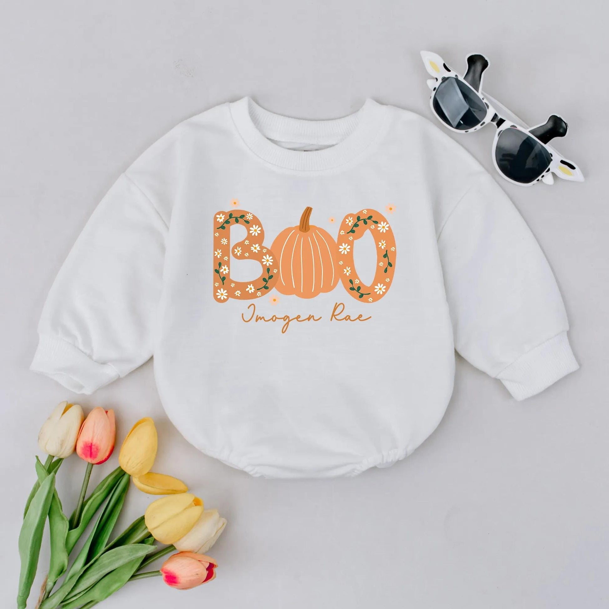 Personalized Boo Pumpkin Floral Bubble Romper Baby Name Fall Thanksgiving Halloween First Celebration Bodysuit Cute Toddler Infant Clothes Baby Shower Gift