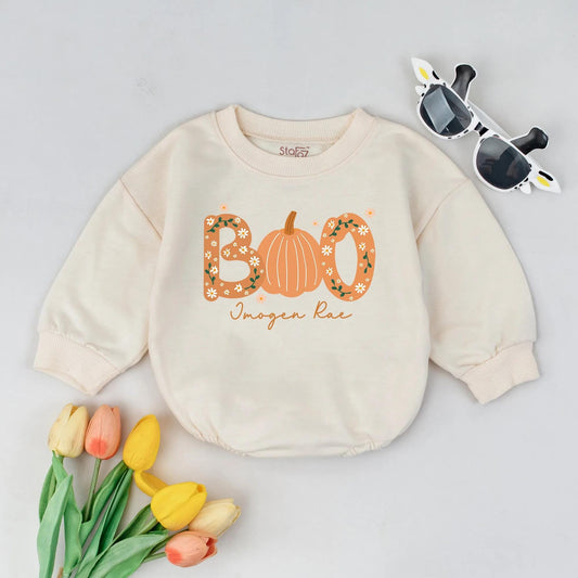 Personalized Boo Pumpkin Floral Bubble Romper Baby Name Fall Thanksgiving Halloween First Celebration Bodysuit Cute Toddler Infant Clothes Baby Shower Gift