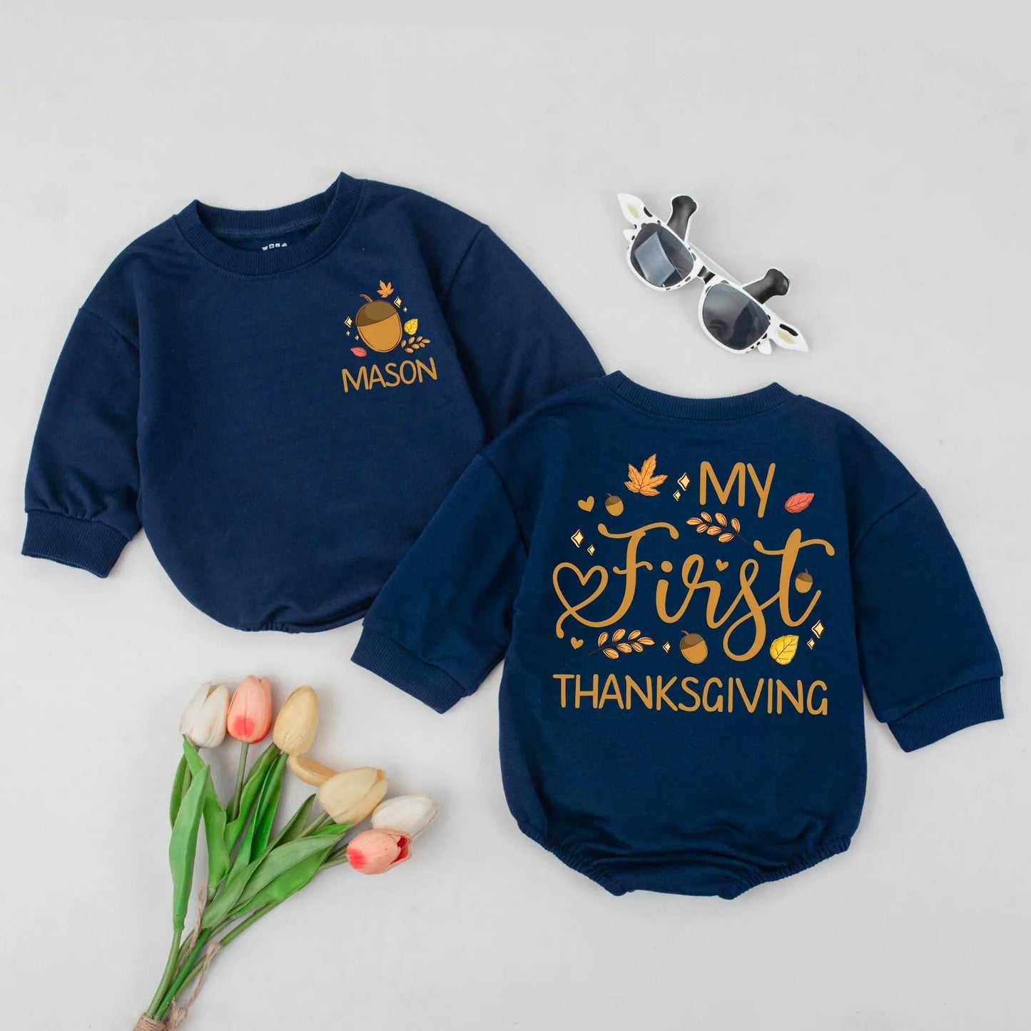 Personalized My First Thanksgiving Baby Romper with Acorn & Leaves | Custom Name 1st Fall Outfit, Baby Shower Gift