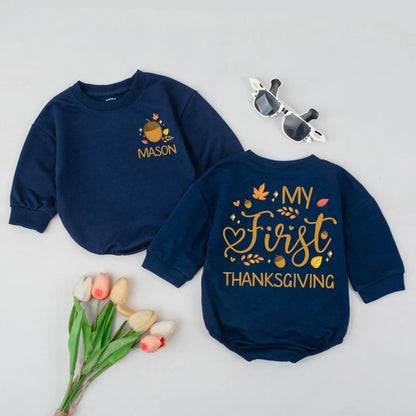 Personalized My First Thanksgiving Baby Romper with Acorn & Leaves | Custom Name 1st Fall Outfit, Baby Shower Gift