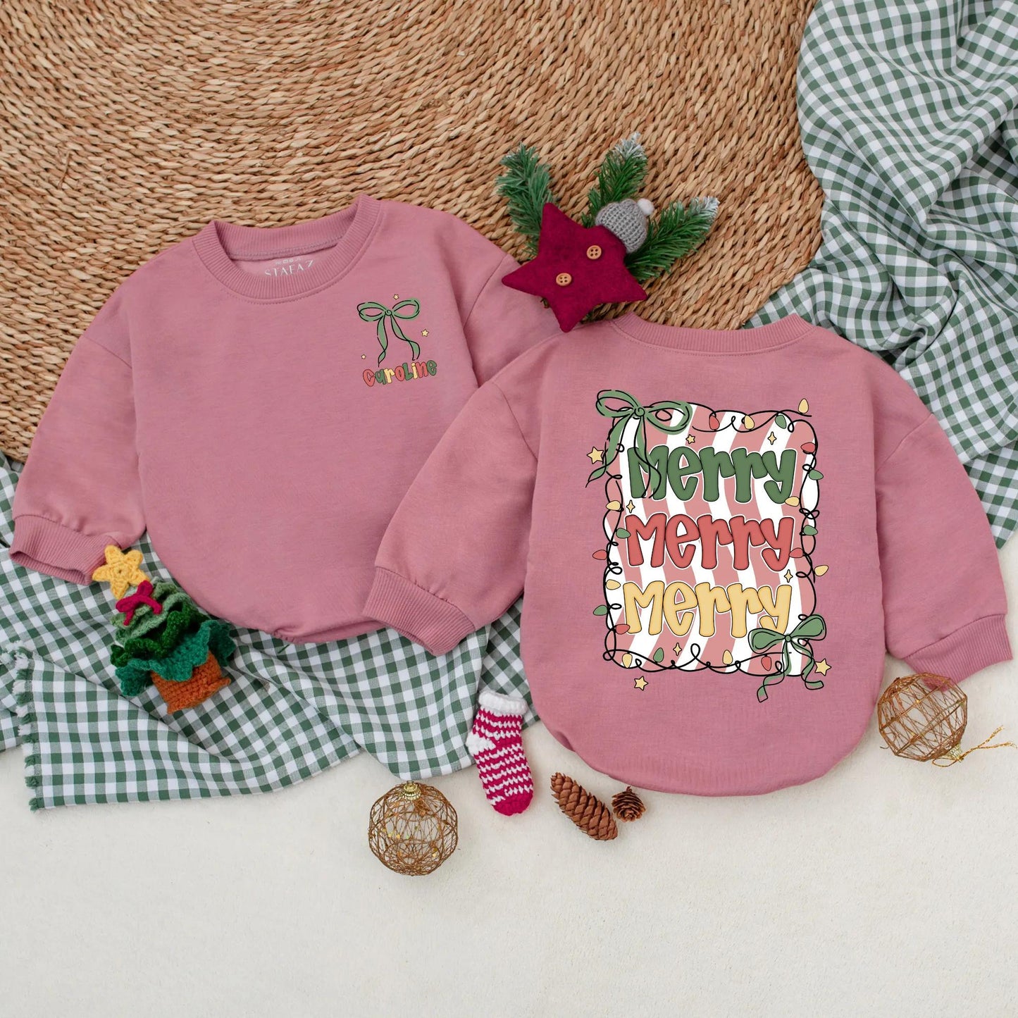 Custom Merry Christmas Baby Romper Green Bow Vintage Lights Red White Stripes Infant Holiday Outfit Baby's First Christmas Gift