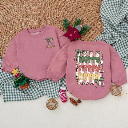 Custom Merry Christmas Baby Romper Green Bow Vintage Lights Red White Stripes Infant Holiday Outfit Baby's First Christmas Gift