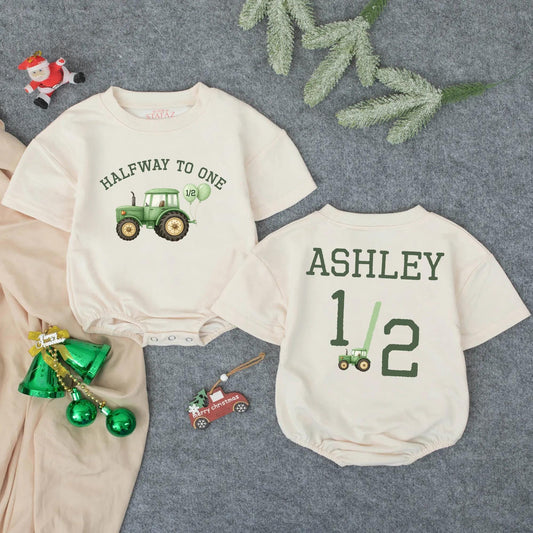 Personalized "Halfway to One" Green Farm Tractor Bubble Romper for Baby Girls & Boys Cute Tractor Birthday Outfit Farm Baby Gift