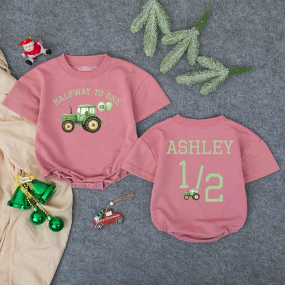 Personalized "Halfway to One" Green Farm Tractor Bubble Romper for Baby Girls & Boys Cute Tractor Birthday Outfit Farm Baby Gift