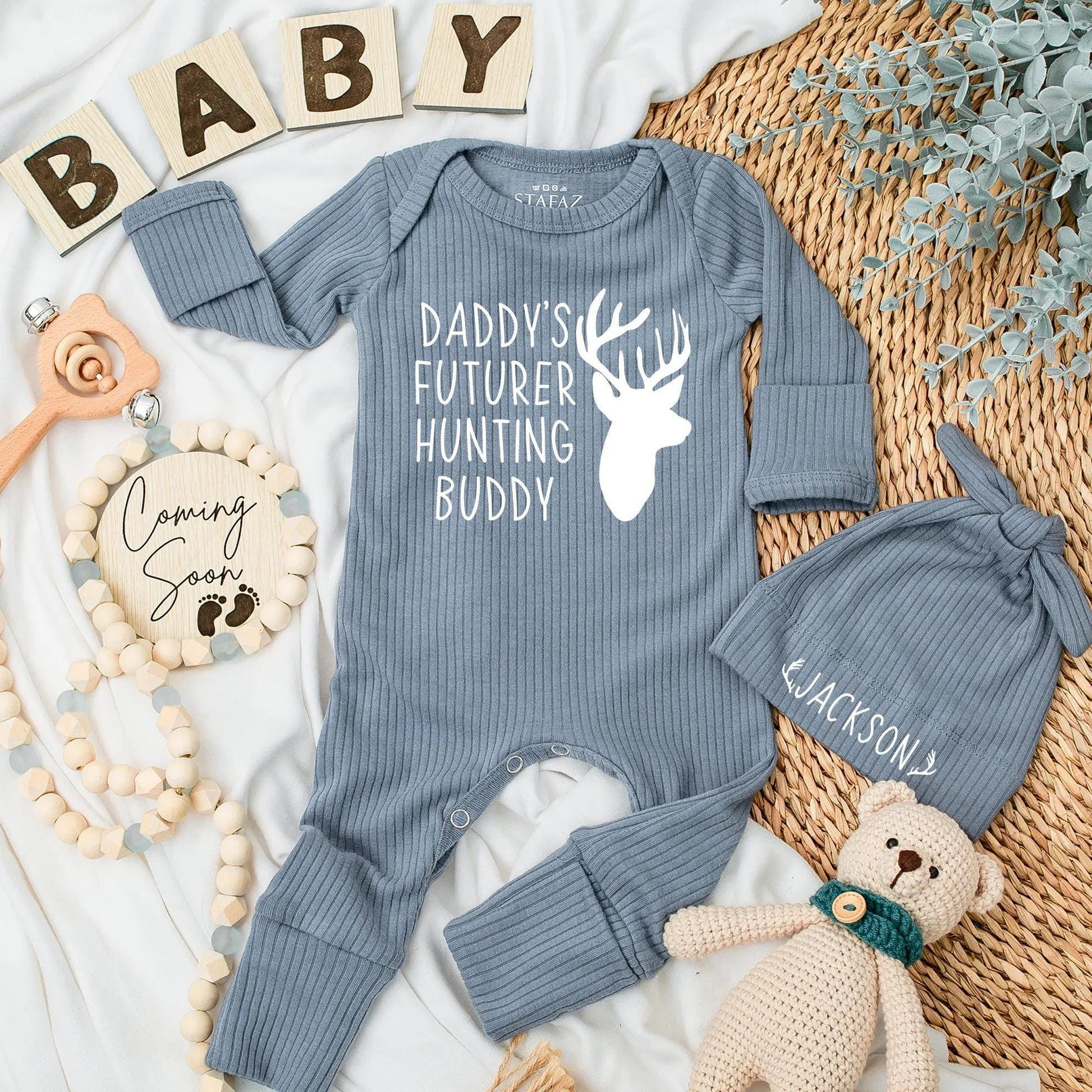 Daddy's Future Hunting Buddy Baby Bodysuit, Brown Deer Head Design, Hunt Season Newborn Outfit, Baby Boy Gift, Baby Shower Clothes