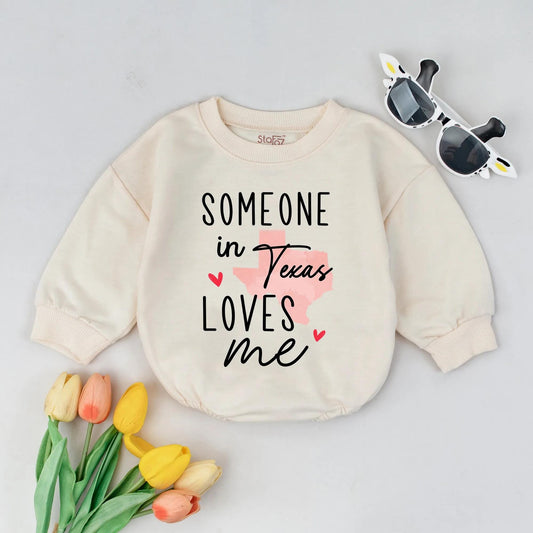 Someone in Texas Loves Me Romper - Cute State Silhouette Baby Outfit, Newborn Gift, Funny Infant Clothes, Baby Shower Present for Texas Babies (139 chars)