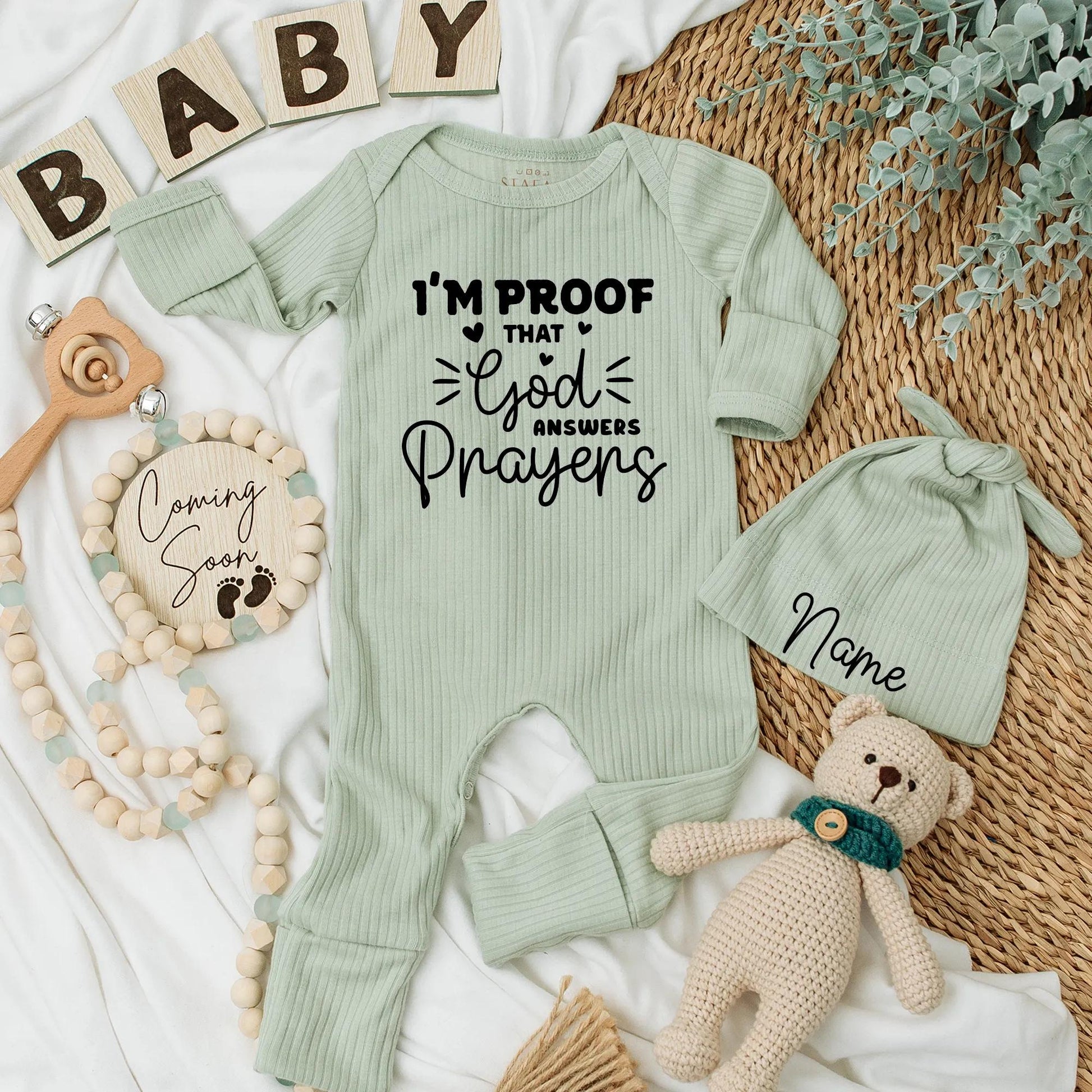 I'm Proof God Answers Prayers Newborn Bodysuit Christian Baby Outfit Custom Bible Verse Design Faith Apparel Baby Shower Baptism Gift