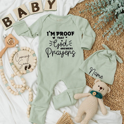 I'm Proof God Answers Prayers Newborn Bodysuit Christian Baby Outfit Custom Bible Verse Design Faith Apparel Baby Shower Baptism Gift