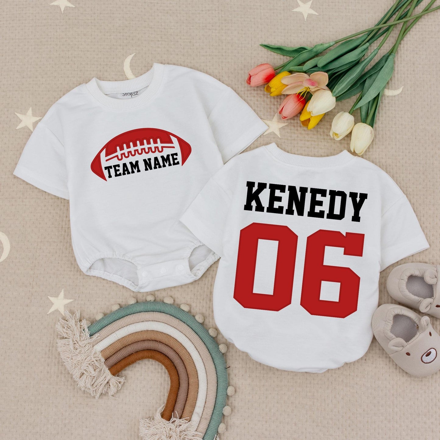 Custom Team Name Football Shirts Toddler Baby Gameday Outfit Red White Bold Sporty Kids Clothes