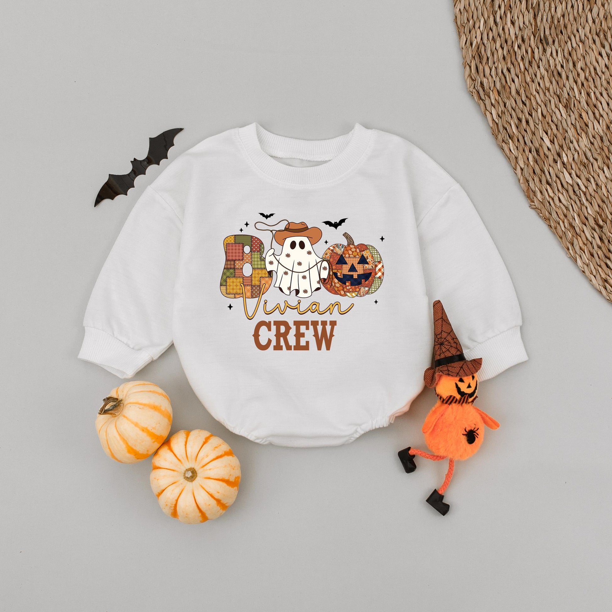 Vivian's Boo Crew Cowboy Ghost Halloween Baby Romper Pumpkin Patchwork Fall Family Matching Toddler Outfit
