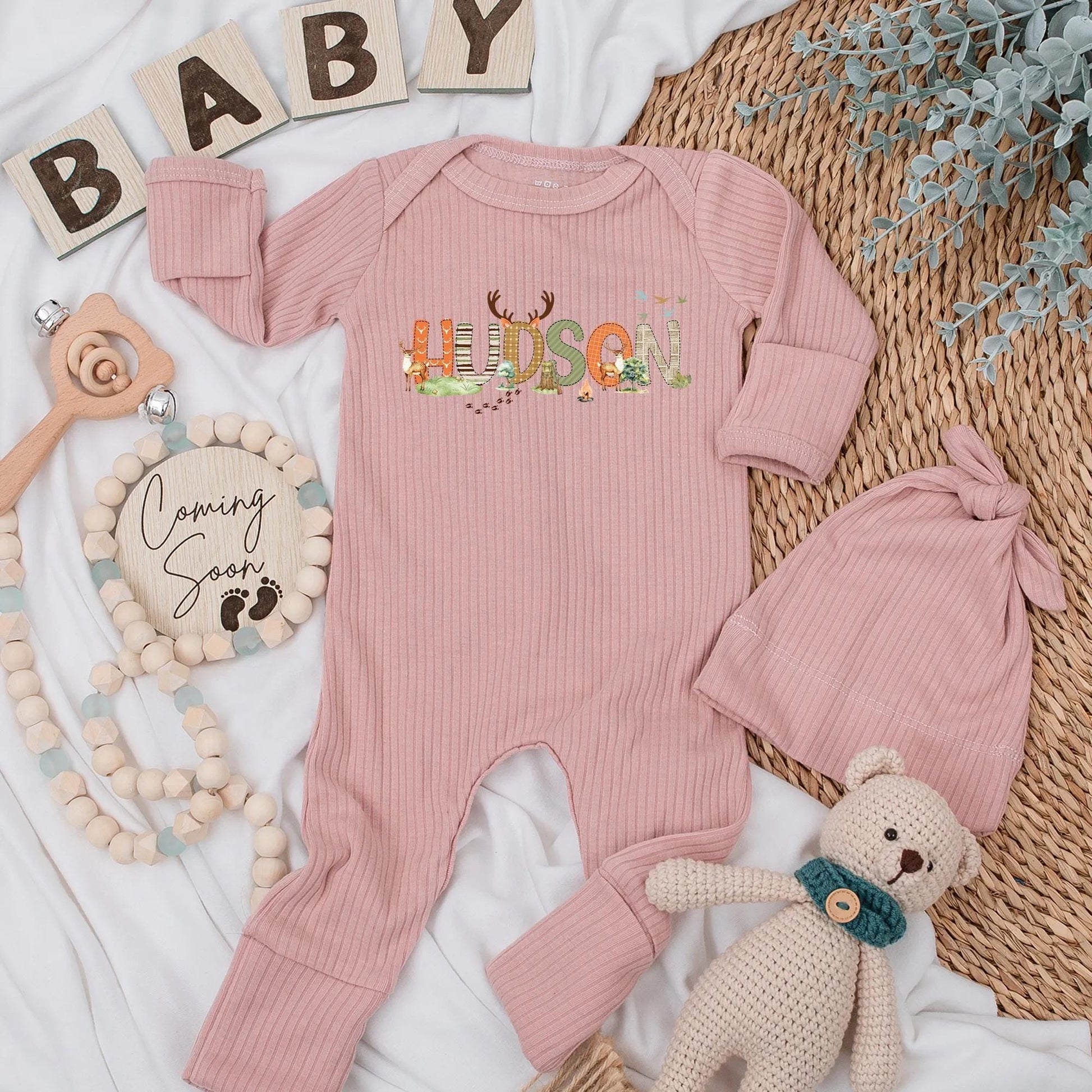 Personalized Baby Name Bodysuit Deer Hunting Woodland Newborn Outfit Rustic Earth Tones Playful Animal Tracks Baby Shower Gift Romper