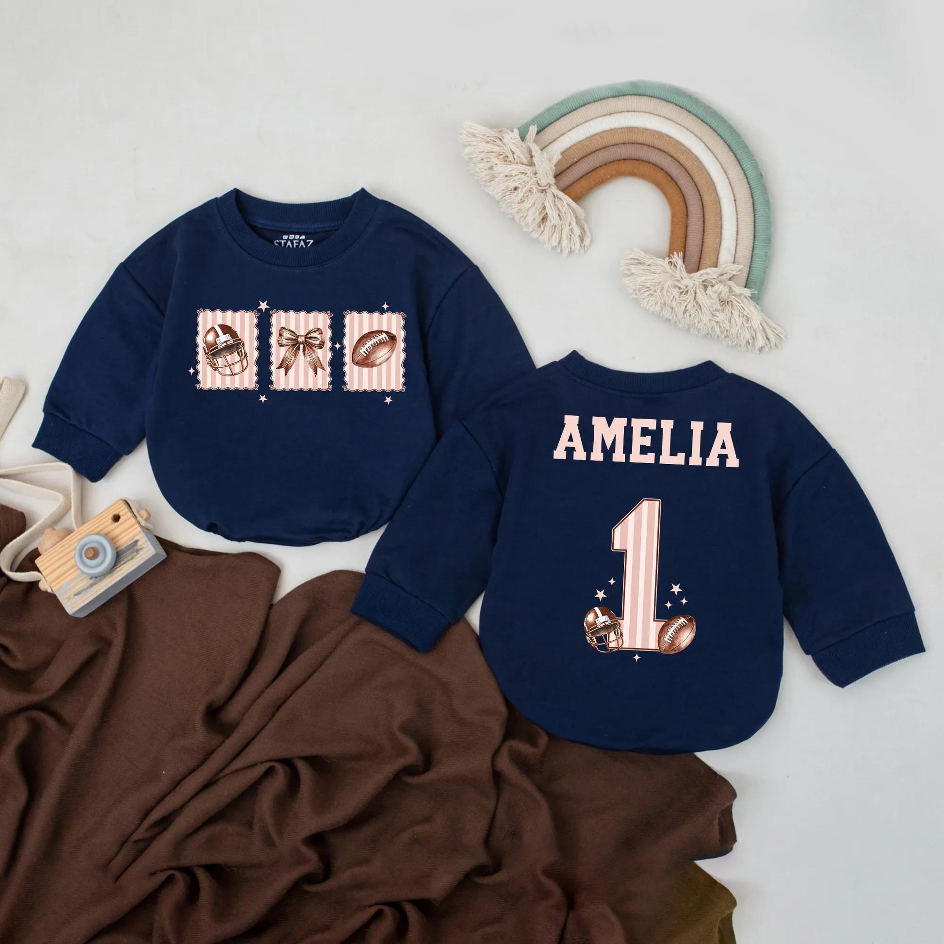 Amelia Custom Name Football Romper for Baby Girl 1st Birthday Outfit, Pink & White Stripes, Football Bow, Fall Touchdown Season