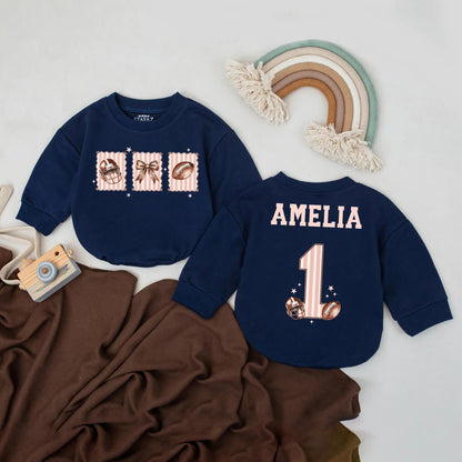 Amelia Custom Name Football Romper for Baby Girl 1st Birthday Outfit, Pink & White Stripes, Football Bow, Fall Touchdown Season