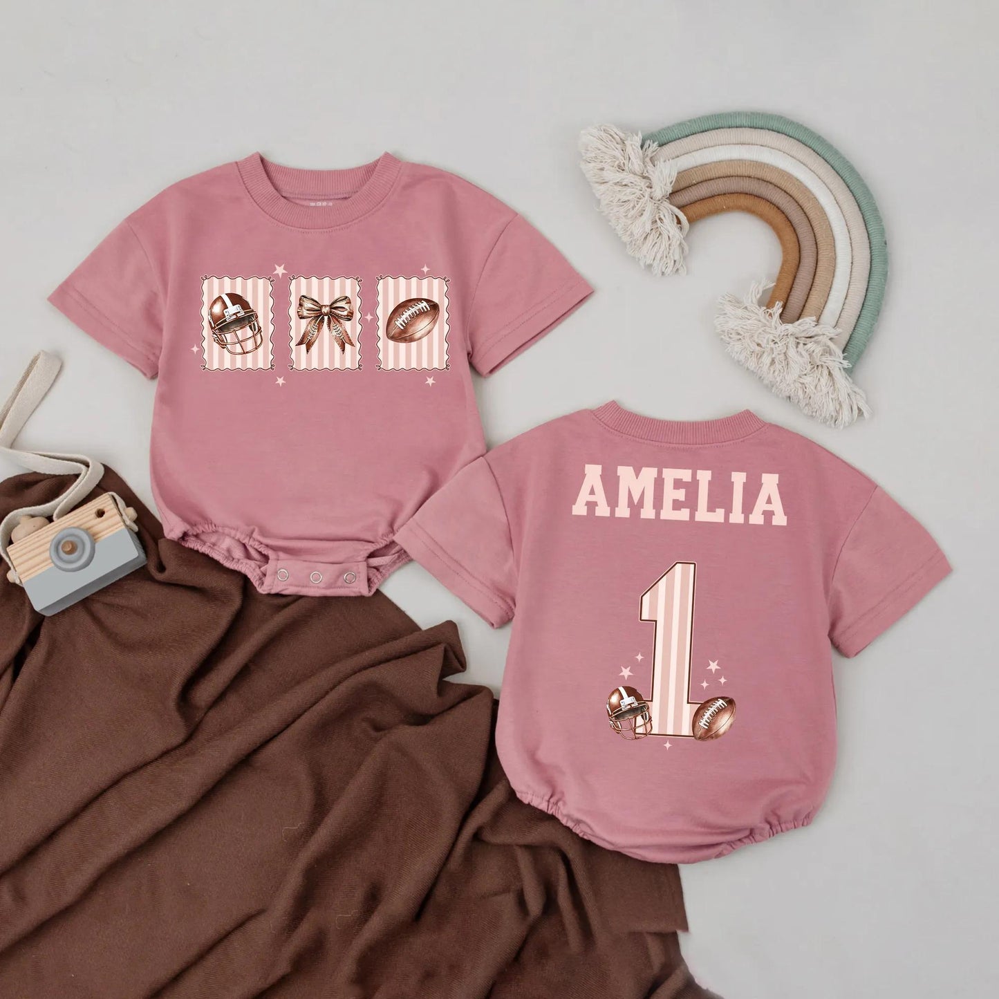 Amelia Custom Name Football Romper for Baby Girl 1st Birthday Outfit, Pink & White Stripes, Football Bow, Fall Touchdown Season