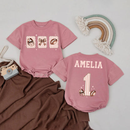 Amelia Custom Name Football Romper for Baby Girl 1st Birthday Outfit, Pink & White Stripes, Football Bow, Fall Touchdown Season